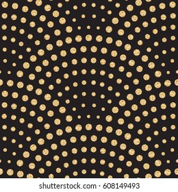 Vector abstract seamless wavy pattern with geometrical scale order. Light small metallic gold drops on a black background. Peacock tail shape, fan silhouette. Wallpaper, print, wrapping paper