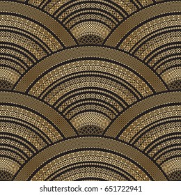 Vector abstract seamless wavy pattern from golden ethnic ornaments on a black background. Geometrical fan, peacock tail shape. Batik scale paint.Oriental textile print. Art deco wallpaper
