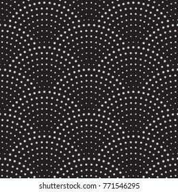 Vector abstract seamless wavy pattern with geometrical scale layout. White stars on a black  background. Fan shaped garlands, snowflake decoration, wallpaper, holiday wrapping paper, textile print