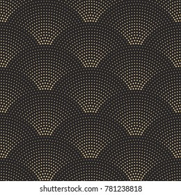 Vector abstract seamless wavy pattern with geometrical fish scale layout. Golden metallic stars on a dark black background. Fan shaped Christmas garlands. New Year snowflake holiday decoration