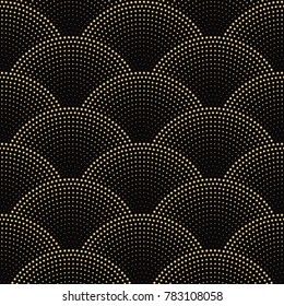 Vector abstract seamless wavy pattern with geometrical fish scale layout. Golden metallic stars on a dark black background. Fan shaped Christmas garlands. New Year snowflake holiday decoration