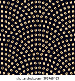 Vector abstract seamless wavy pattern.Geometrical fish scale layout. Gold stylized coffee beans silhouette on a black background. Fan shaped coffee placer. Wrapping paper, page fill, menu decoration