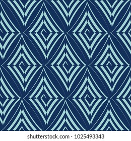 Vector abstract seamless white pattern, painted by brush rhombuses-shaped spiral. Modern stylish texture.Blue background
