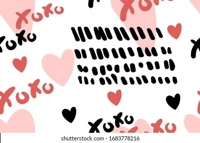 Vector abstract seamless XOXO pattern. White background with hand drawn brush strokes, hearts, text. Valentine's Day concepts 