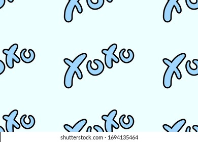 Vector abstract seamless XOXO pattern. Pastel blue background with blue and black outline letters. Trendy print design for textile, wrapping paper, hipster backdrops, fun concepts etc.