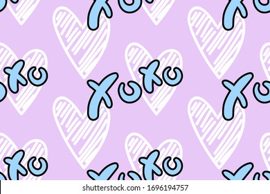 Vector abstract seamless XOXO pattern. Pastel violet background with blue and black outline letters. Trendy print design for textile, wrapping paper, hipster backdrops, fun concepts etc.