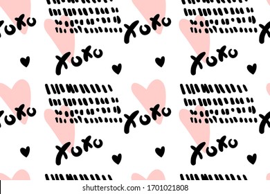Vector abstract seamless XOXO pattern. Trendy background with hand drawn brush strokes, hearts, text. Romantic print design for textile, wrapping paper, wedding backdrops, Valentine's Day concepts etc
