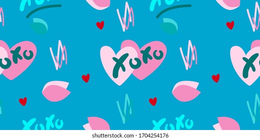 Vector abstract seamless XOXO pattern. Blue background with hand drawn brush strokes, hearts, text. Romantic print design for textile, wrapping paper, wedding backdrops, Valentine's Day concepts etc
