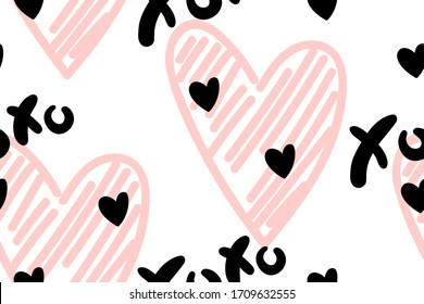 Vector abstract seamless XOXO pattern. White background with pastel beige and black hearts and words. Trendy print design for textile, wrapping paper, wedding backdrops, Valentine's Day concepts etc.