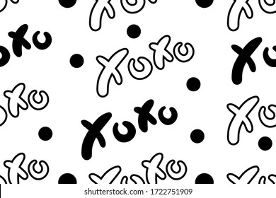 Vector abstract seamless XOXO pattern. White background with monochrome black outline letters. Trendy print design for textile, wrapping paper, hipster backdrops, fun concepts etc.