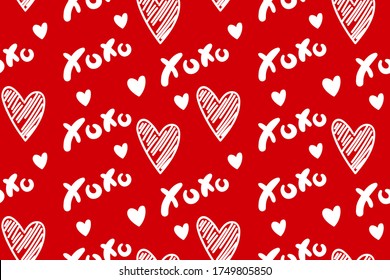 Vector abstract seamless XOXO pattern. Red background with monochrome white hearts and letters. Trendy print design for textile, wrapping paper, wedding backdrops, Valentine's Day concepts etc.