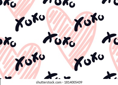 Vector abstract seamless XOXO pattern. White background with pastel beige hearts and black words. Trendy print design for textile, wrapping paper, wedding backdrops, Valentine's Day concepts etc.