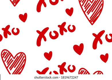 Vector abstract seamless XOXO pattern. White background with monochrome red hearts and letters. Trendy print design for textile, wrapping paper, wedding backdrops, Valentine's Day concepts etc.