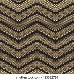 Vector abstract seamless zig zag pattern with stylized bird feather silhouette. Horizontal golden waves,lacy tribal ornaments on a black background. Wallpaper, wrapping. Folk, ethnic