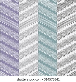 Vector abstract seamless zig-zag pattern with stylized bird feather silhouette. Vertical light violet and blue turquoise wide strips with grey lacy ornaments on a white background.