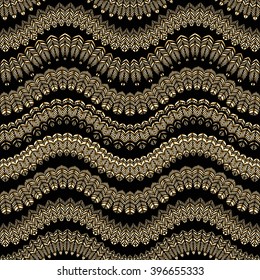 Vector abstract seamless zig-zag pattern with stylized bird feather silhouette. Horizontal golden waves,lacy tribal ornaments on a black background.
Wallpaper, wrapping. Folk, ethnic
