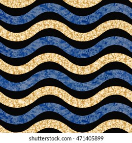 Vector abstract seamless zig-zag pattern with waves. Horizontal golden and blue dappled stripes with watercolor texture. Tribal exotic ornament on a black background.Wallpaper, wrapping, batik ethnic