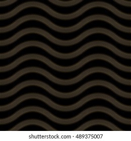 Vector abstract seamless zig-zag wavy pattern from thin lines. Horizontal golden waves, lacy Art deco ornament, black background. Wallpaper, wrapping paper, textile print. Folk, ethnic, tribal tracery