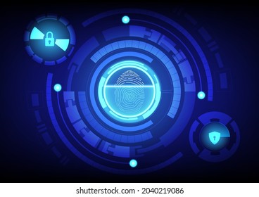 Vector abstract security system concept. The fingerprint scanning with padlock and keyhole icon in personal data security on blue background. 