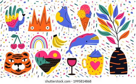 Vector abstract set with animals, food, wine and doodle elements. Trendy apparel print design collection