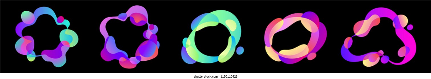 Vector abstract set of blur free form shapes in gradient iridescent colors effect soft transition. Template of fluid organic shapes with plastic lines, forms. Liquid effect background. Place for text