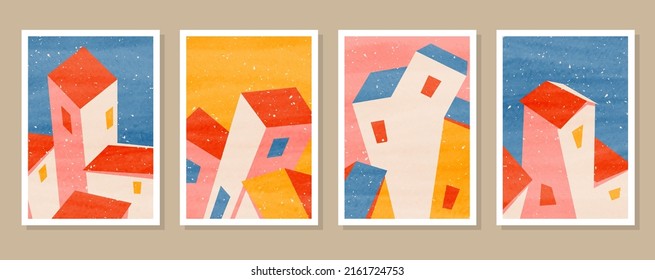 Vector abstract set of cartoon buildings in summer on watercolor textured paper. Minimalist geometry modern posters. Prints for home and business decor, journal illustration, cover, banner, wall art