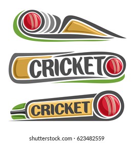 Vector abstract set for Cricket game: red ball hitting of bat, flying on curve trajectory, inscription title text - cricket, 3 isolated clip art illustrations on cricket theme on white background.