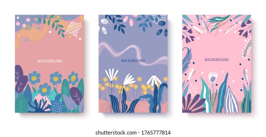 
Abstraktes Vektorset mit Kräutern und Blumen. Gilt für Werbebanner, Karten, Einladungen, Poster, Cover.