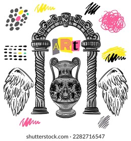 Vector abstract set with greek arch, vase and wings. Art collage. hand drawing