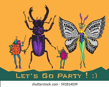 Vector abstract set, humorous cartoon characters of insects, hand drawn beetle, butterfly with female body, bug with cigarette on a bright orange background. Party invitation, album cover