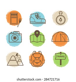 Vector abstract Set of icons of hiking elements: tent, backpack, hiking boots, compass etc