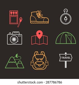 Vector abstract Set of icons of hiking elements: tent, backpack, hiking boots, compass on dark background