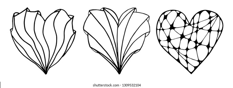 Vector abstract set of icons in the shape of heart in zen art style. Black on white background. For coloring books, interior design, laser and plotter cutting or printing.