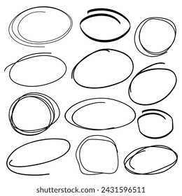 Vector abstract set of line round frames. Black oval doodle sketch. Isolated Ink drawn circle lines elements for design. Speech bubbles for words and text