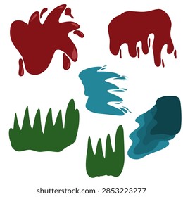 Vector abstract set of red, blue, and green liquid and landscape elements. Dripping blood, splashing water, grass, and layered blue blob on white background, ideal for design, illustration, and icons.