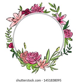 Vector abstract set with roses, lilies, leaves. Hand drawing. Flower set