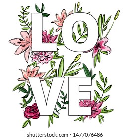 Vector abstract set with roses, lilies, leaves. Hand drawing. Love