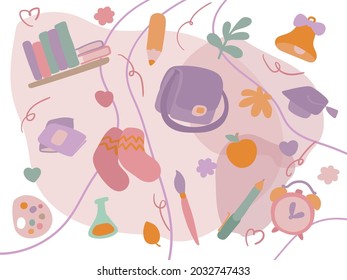 Abstrakte Vektorgrafik von Schulmaterial. Herbstliche Dinge. Trendige Farben.