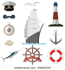 Vector abstract set of sea elements in flat style. For graphic and web design.