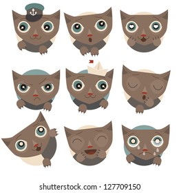 Vector abstract set of smiles. Funny cats. Sea and sailor theme.