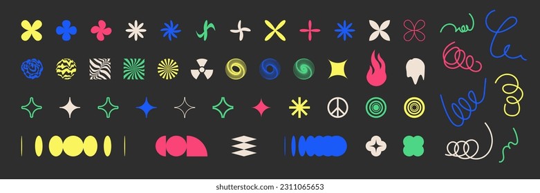 Vector abstract shape elements. Y2k rave cyber brutalist geometric kit. Retro Swiss style graphic star icons, bold forms, signs, sparks, squiggles and flowers. Bauhaus set of colorful shapes on black