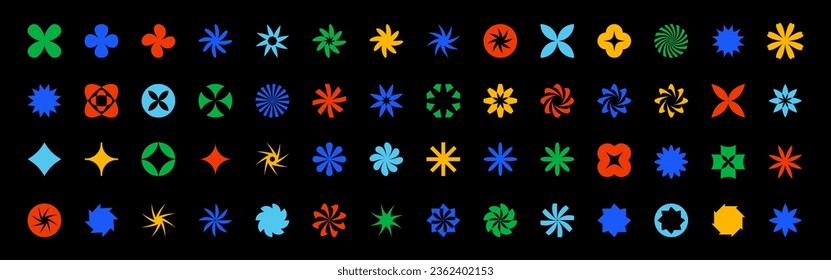 Vector abstract shape elements. Y2k rave cyber brutalist geometric kit. Retro Swiss style graphic star icons, bold forms, signs, sparks and flowers. Bauhaus set of colorful shapes on black background