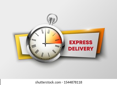 Vector abstract shape Express Delivery banner with pocket watch. The flat band timer image. Advertising Design Express Delivery banner stopwatch shape. Vector label ribbons stopwatch tag. Clock icon