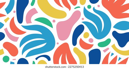 Vector abstract shape seamless pattern, colorful collage style floral background with organic wavy, cutout forms. Contemporary art background