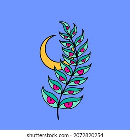 Vector abstract shapes with fern. Psychedelic style. Colored illustration cartoon style.