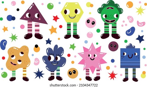 Vector abstract shapes, funny vintage comic characters. Large set of multicolored vector illustrations. Flat design. Cartoon style. Set of isolated icons.