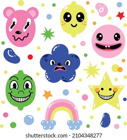 Vector abstract shapes, funny vintage comic characters. Large set of multicolored vector illustrations. Flat design. Cartoon style. Set of isolated icons.