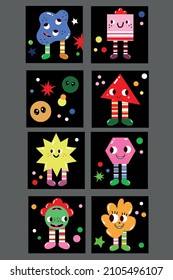 Vector abstract shapes, funny vintage comic characters. Large set of multicolored vector illustrations. Flat design. Cartoon style. Set of isolated icons.