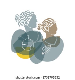 Formas abstractas vectoriales dibujadas a mano. Cabeza de escultura antigua. Arte minimalista contemporáneo, elementos de arte lineal, colores de tendencia elegante. Diseño textil, impresión para camisetas, tarjetas, postales, portada