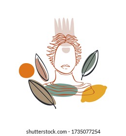 Vector abstract shapes hand-drawn. Antique sculpture head. Contemporary minimalist art, elements of linear art, stylish trend colors. Textile design, print for t-shirts, cards, postcards,cover